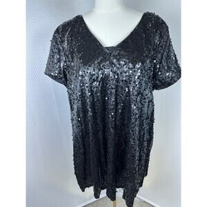 Roaman’s Womens 18 Tunic Blouse Black Sequin Chiffon Short Sleeve cruise vacay